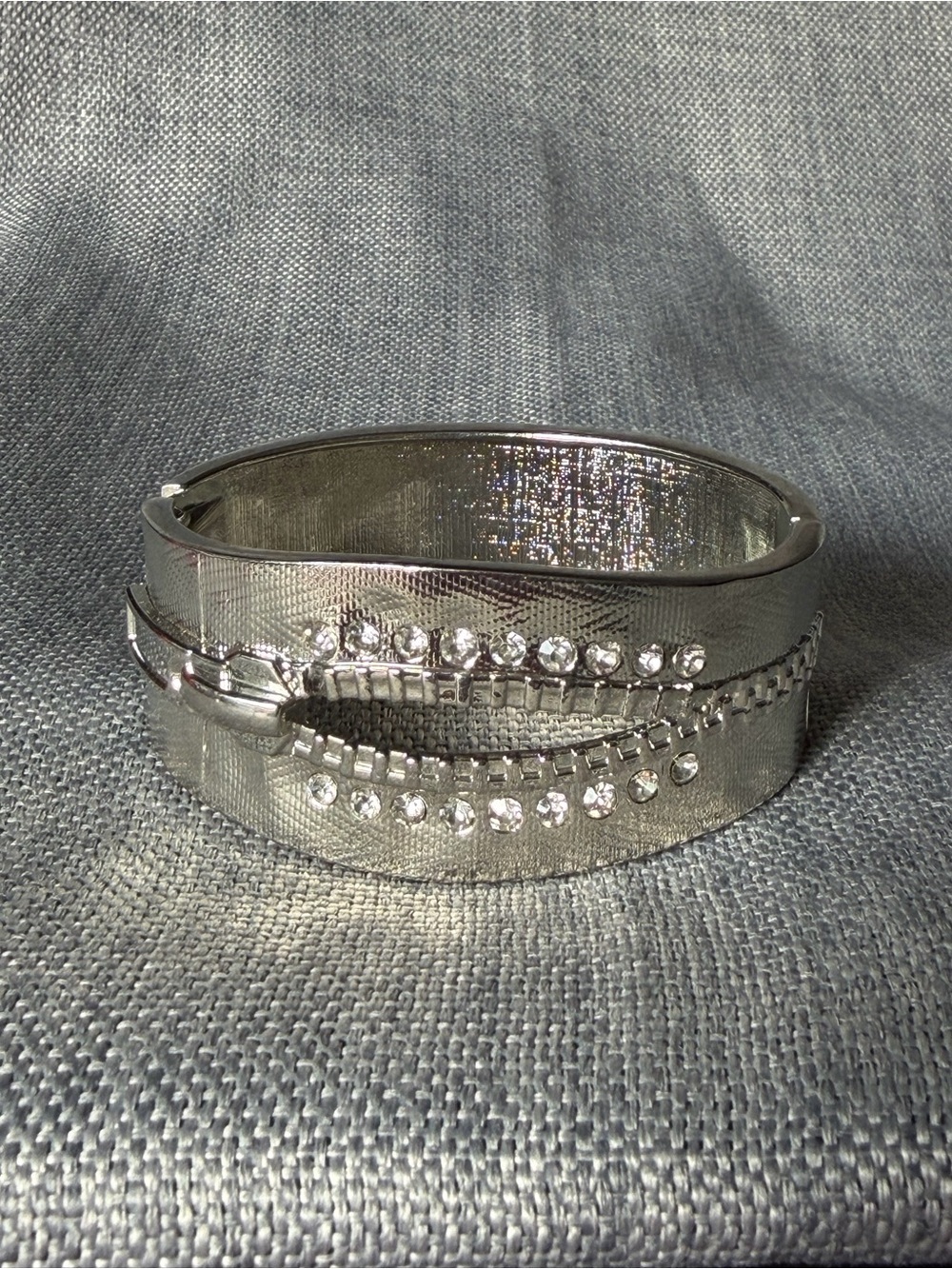 Silver Tone Rhinestone Zipper Statement Cuff Bracelet Hinged Bangle Clamper